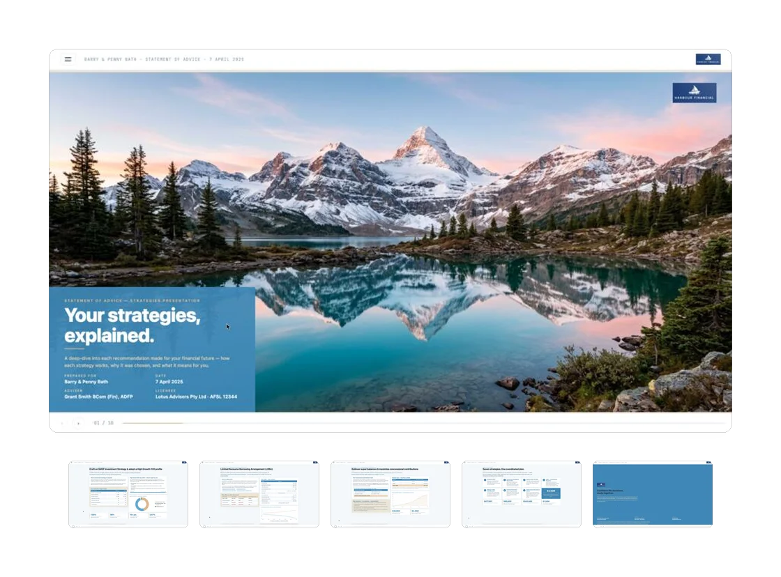 An AdviceStudio presentation: a branded cover slide titled 'Your strategies, explained', above a filmstrip of the strategy slides that follow